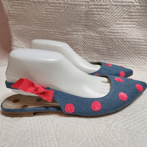 Boden Blue Denim Pink Sequin Pointed Toe Sling Back Flats Size EU 41 - Picture 12 of 13